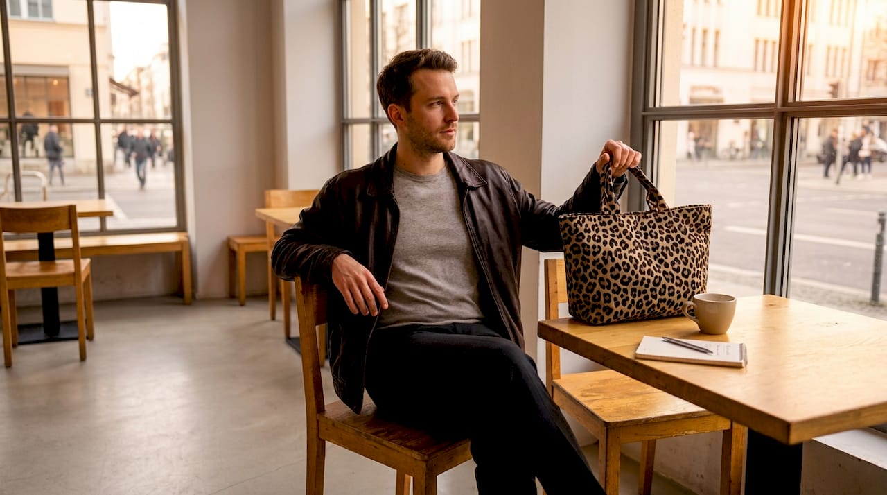 Ein Mann sitzt im Freien und hat eine Tasche mit Leopardenmuster dabei.