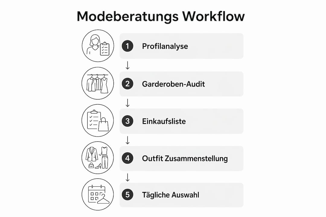 So läuft eine professionelle Modeberatung ab: Die fünf wichtigsten Schritte im Überblick – anschaulich erklärt in einer Infografik.