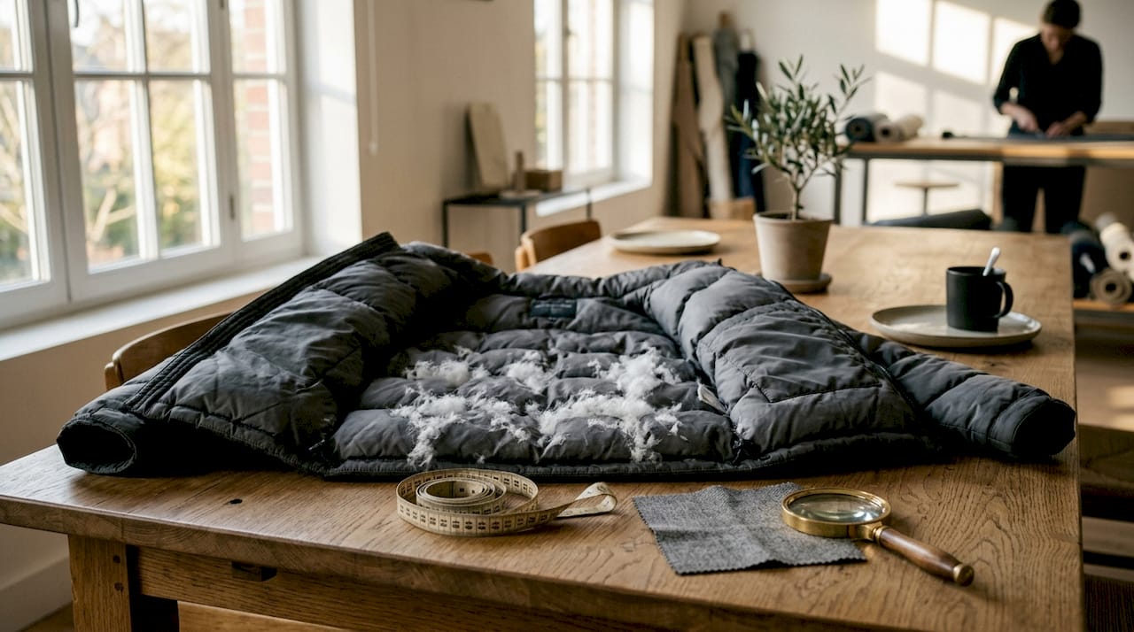 Detailaufnahme: Daunenfüllung einer Jacke ausgebreitet auf einem Tisch