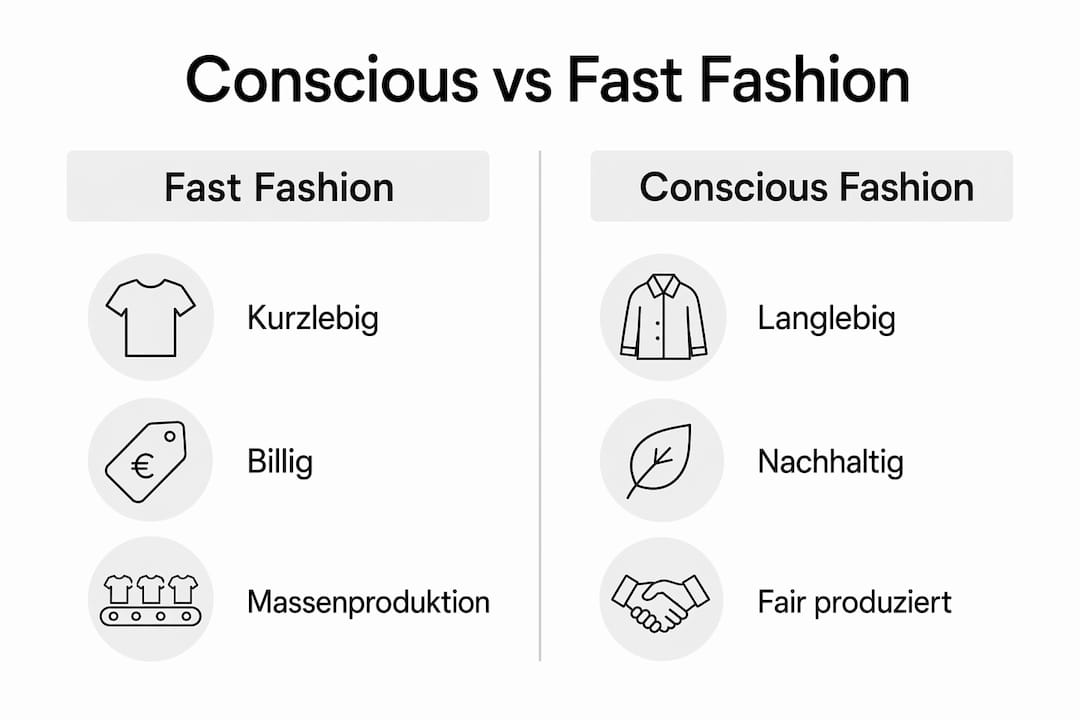 Infografik: Gegenüberstellung nachhaltiger Mode und konventioneller Fast Fashion