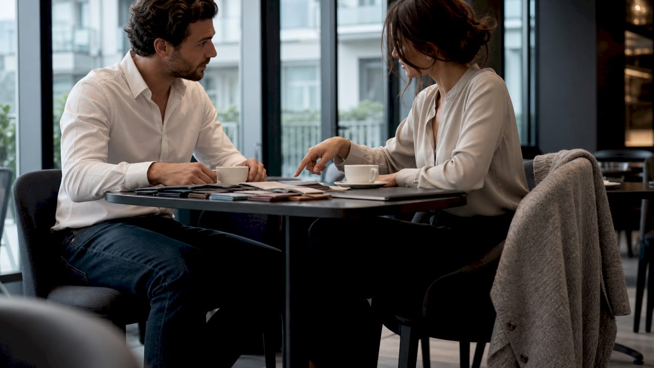 Ein Paar tauscht sich darüber aus, welche Outfits sich am besten für einen Business-Casual-Look eignen.
