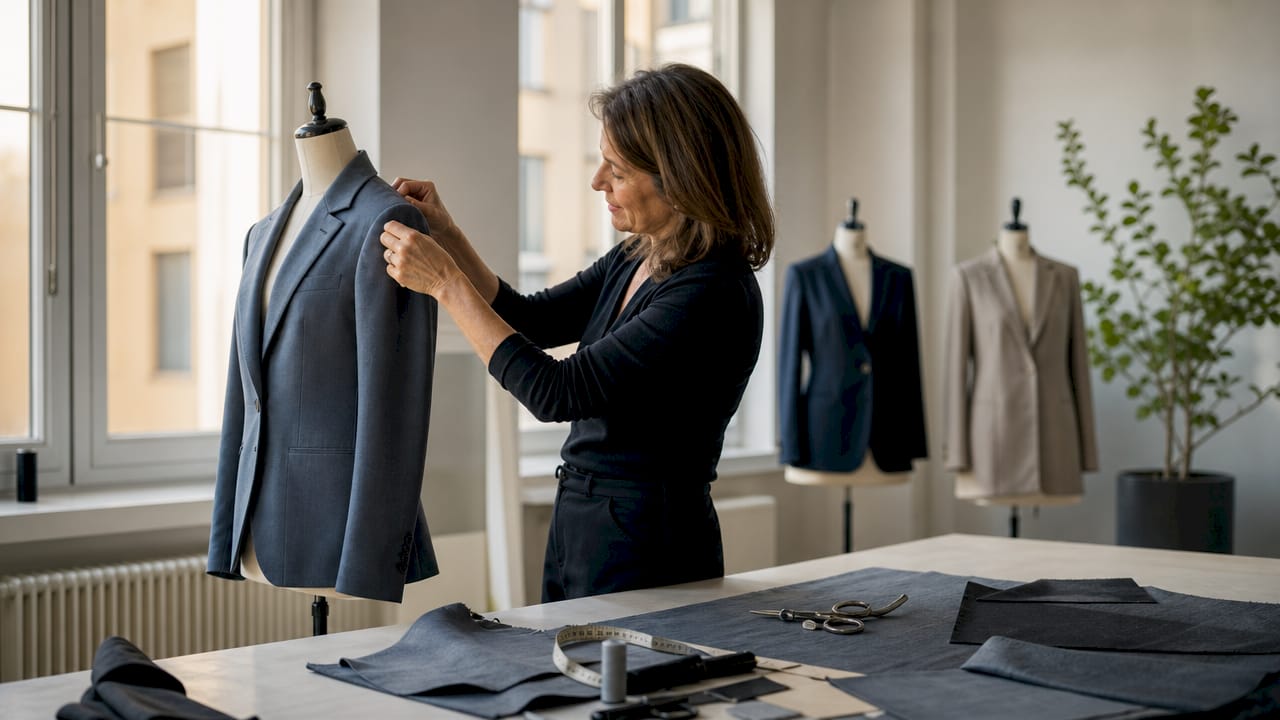Eine Schneiderin passt den Blazer individuell an.