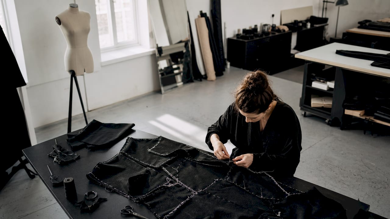 Nahaufnahme: Hände arbeiten an außergewöhnlichen Details eines avantgardistischen Kleidungsstücks.