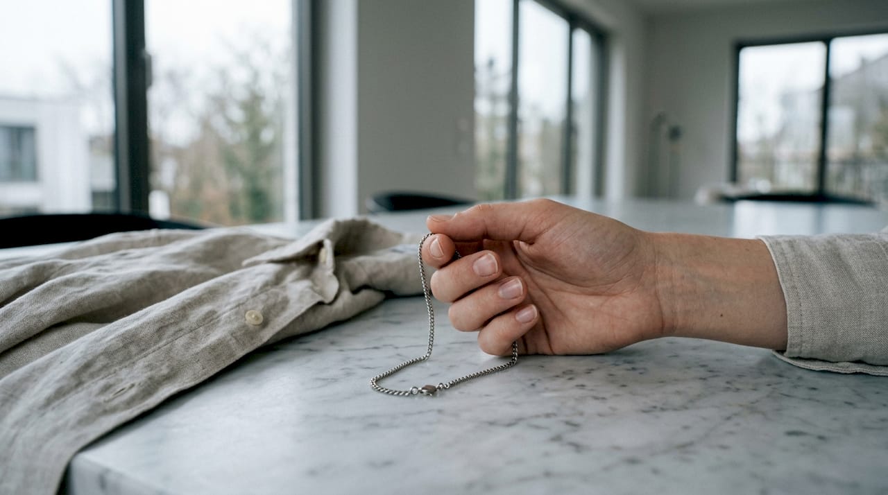 Eine Hand präsentiert eine schlichte Kette aus Edelstahl aus nächster Nähe.