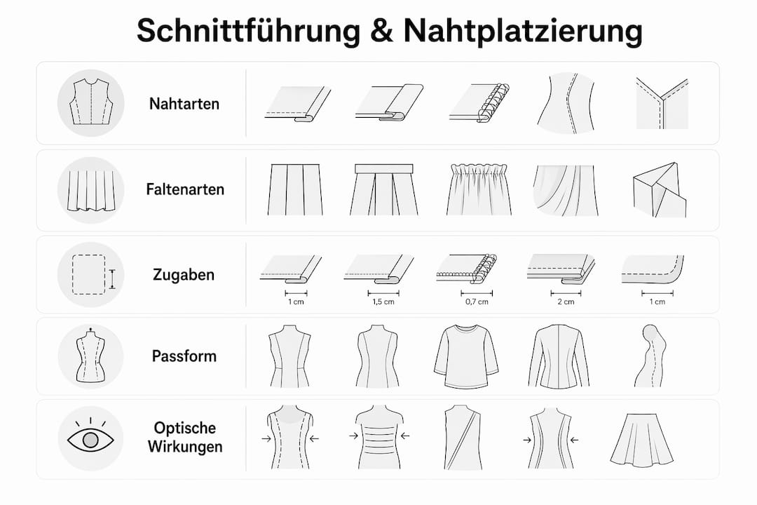 Grafische Übersicht zur optimalen Schnittführung und Platzierung von Nähten