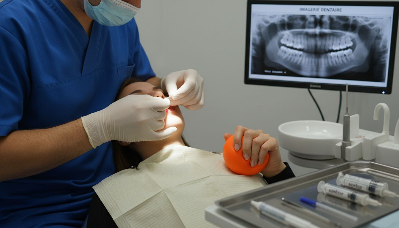 Pose d’une facette dentaire en céramique par le dentiste