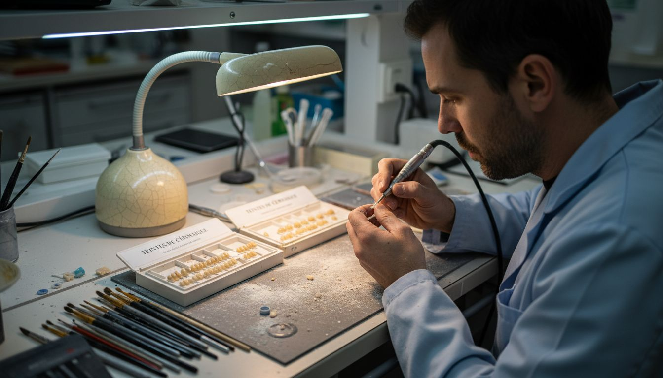 Un prothésiste dentaire façonne minutieusement une facette en céramique sur mesure.