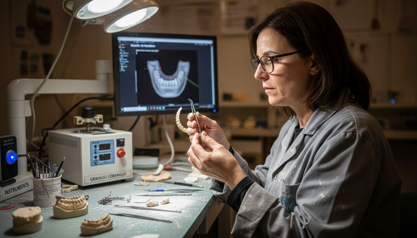 Un prothésiste dentaire façonne minutieusement des facettes en céramique sur mesure.