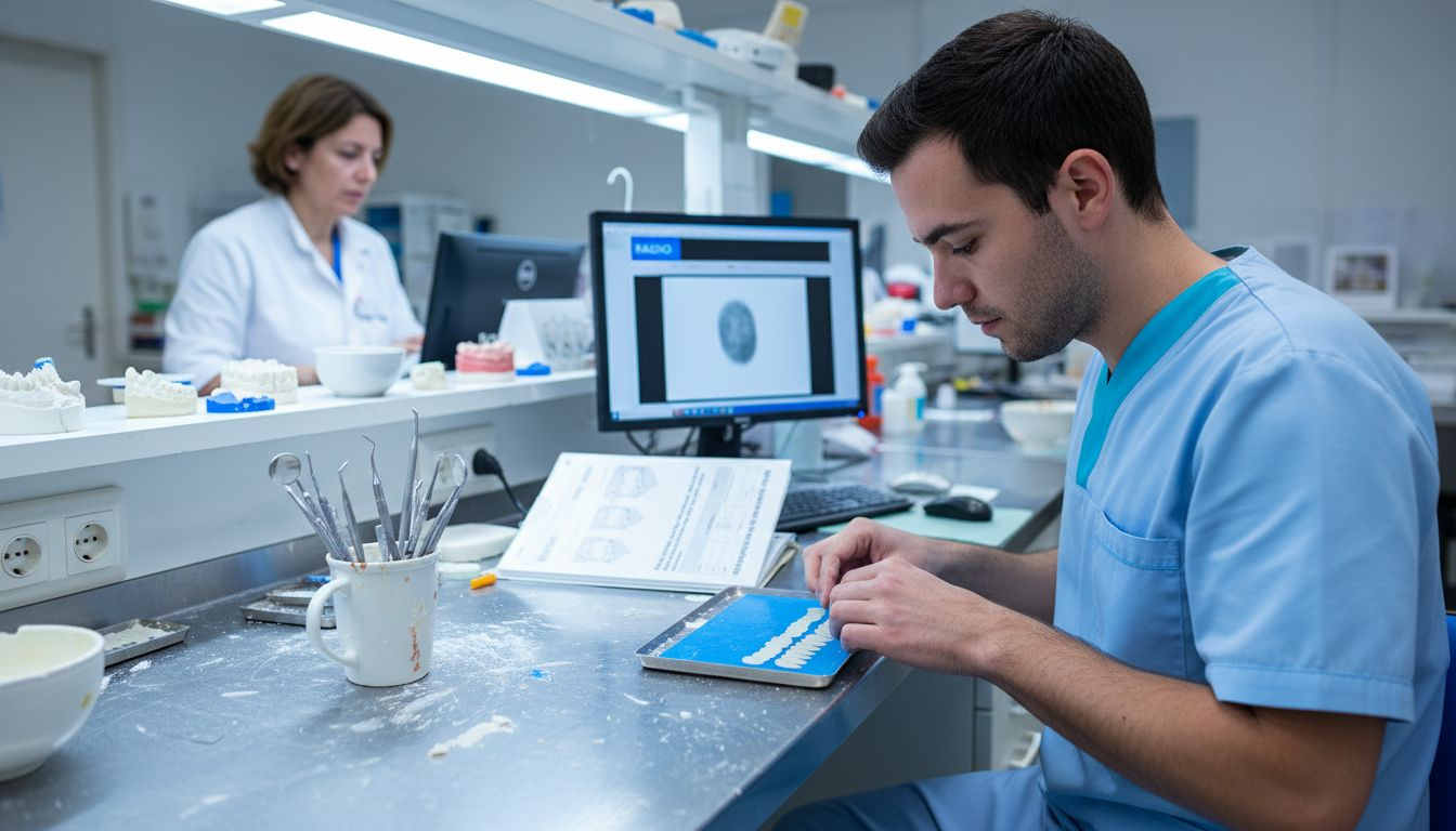 L'équipe dentaire s'affaire à la fabrication de facettes dans le laboratoire du cabinet.