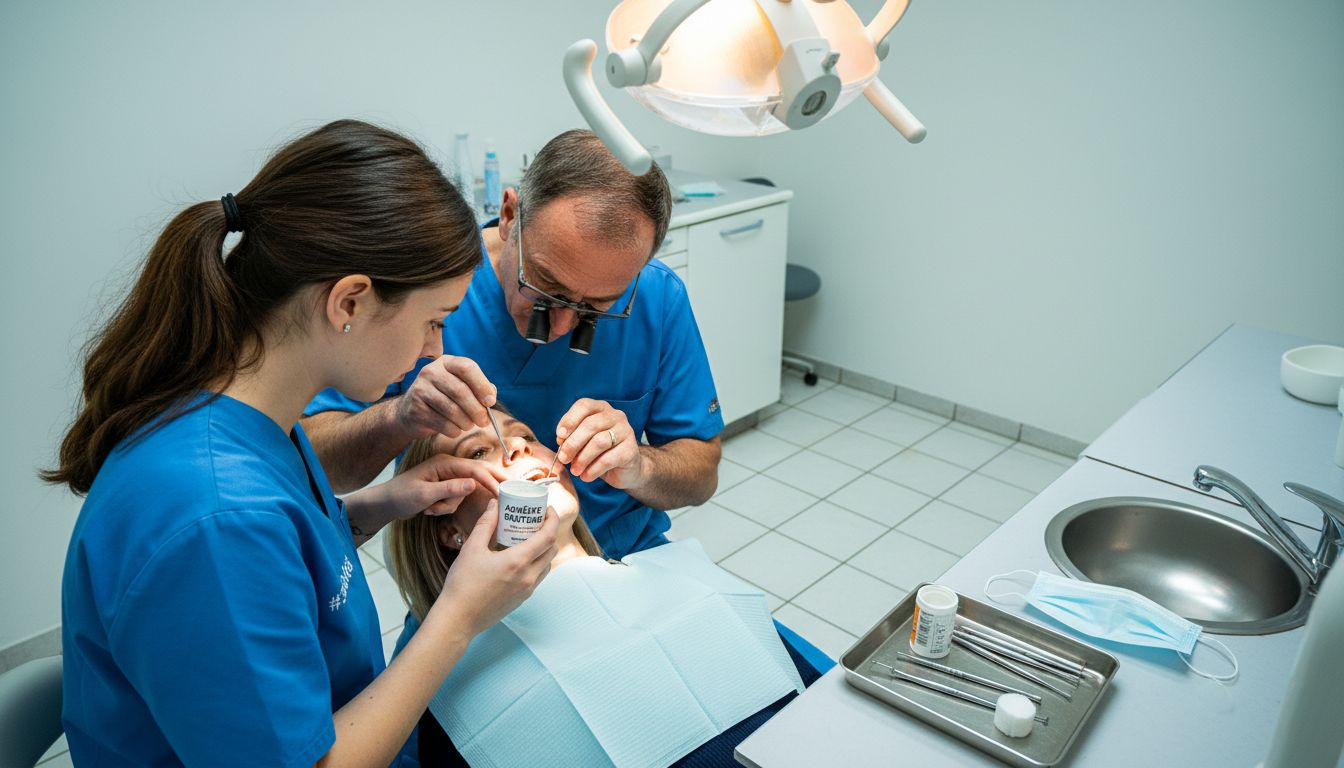 L’équipe dentaire pose une facette dans la salle de soins.