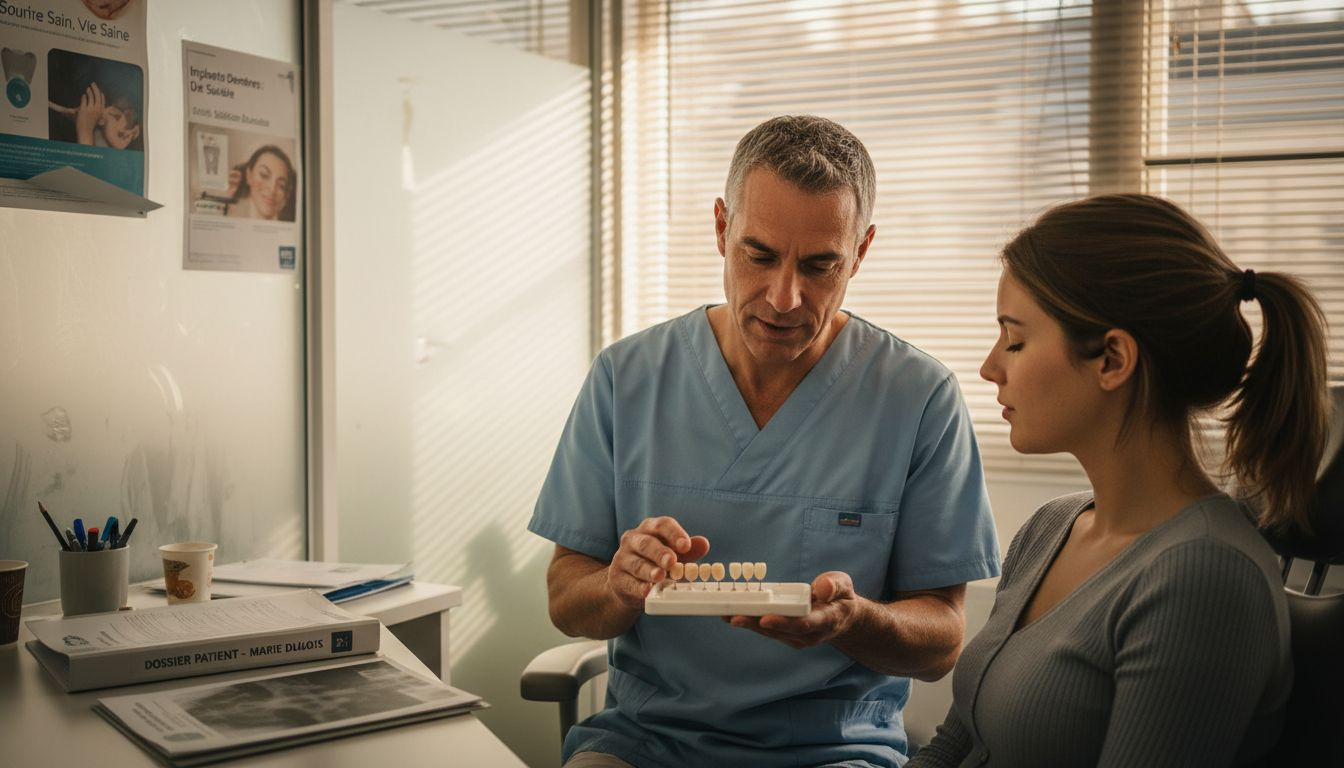 Le dentiste explique à son patient les différentes solutions de facettes dentaires disponibles, en détaillant les avantages de chaque option pour l’aider à faire le meilleur choix.