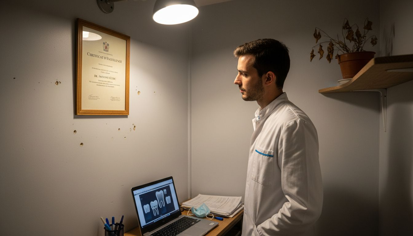 Le dentiste jette un œil à son diplôme encadré accroché au mur de son cabinet.