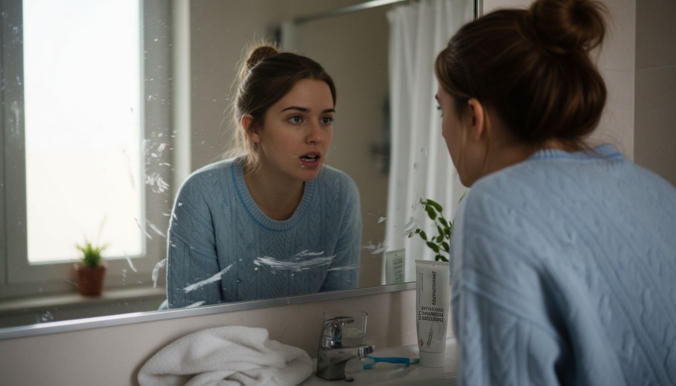 Une femme se regarde dans le miroir de la salle de bain pour vérifier son sourire.