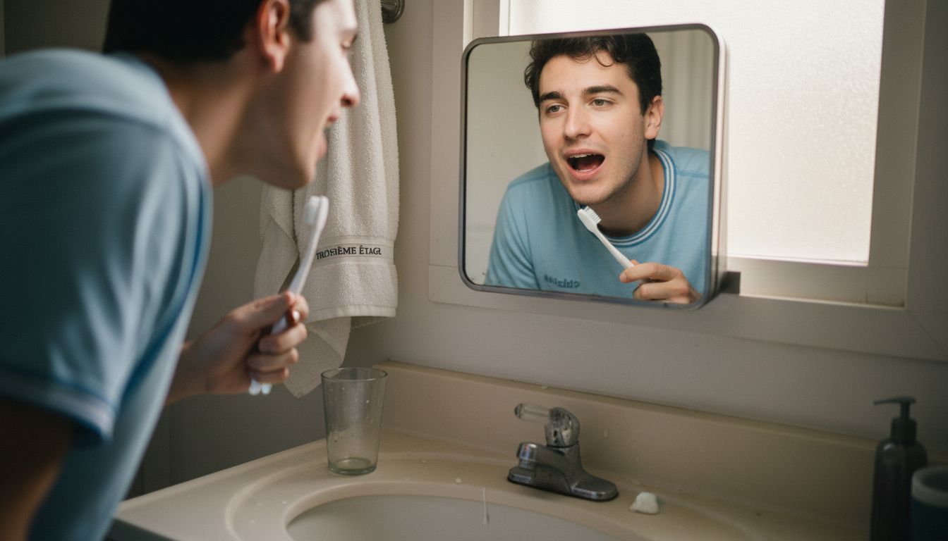 Un homme observe la teinte naturelle de ses dents devant le miroir.