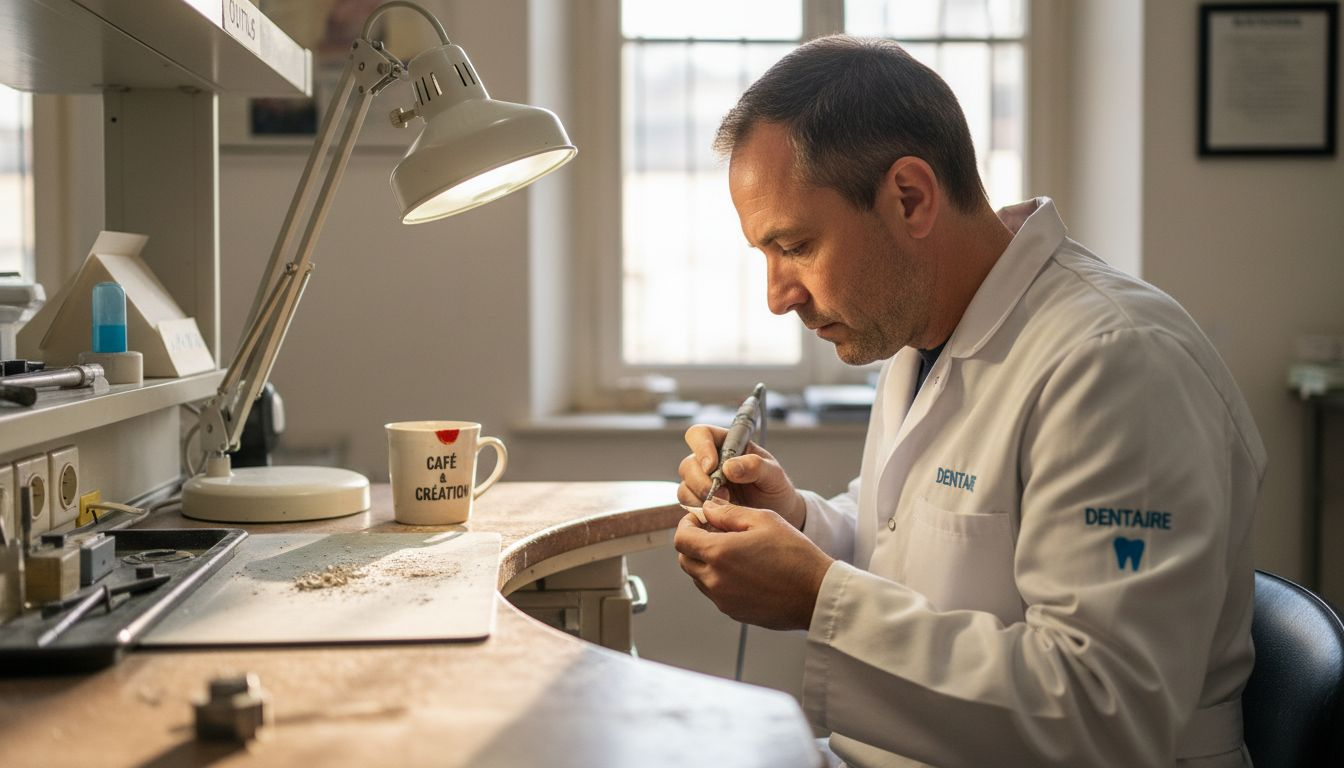 Un prothésiste dentaire en pleine réalisation d’une facette en céramique