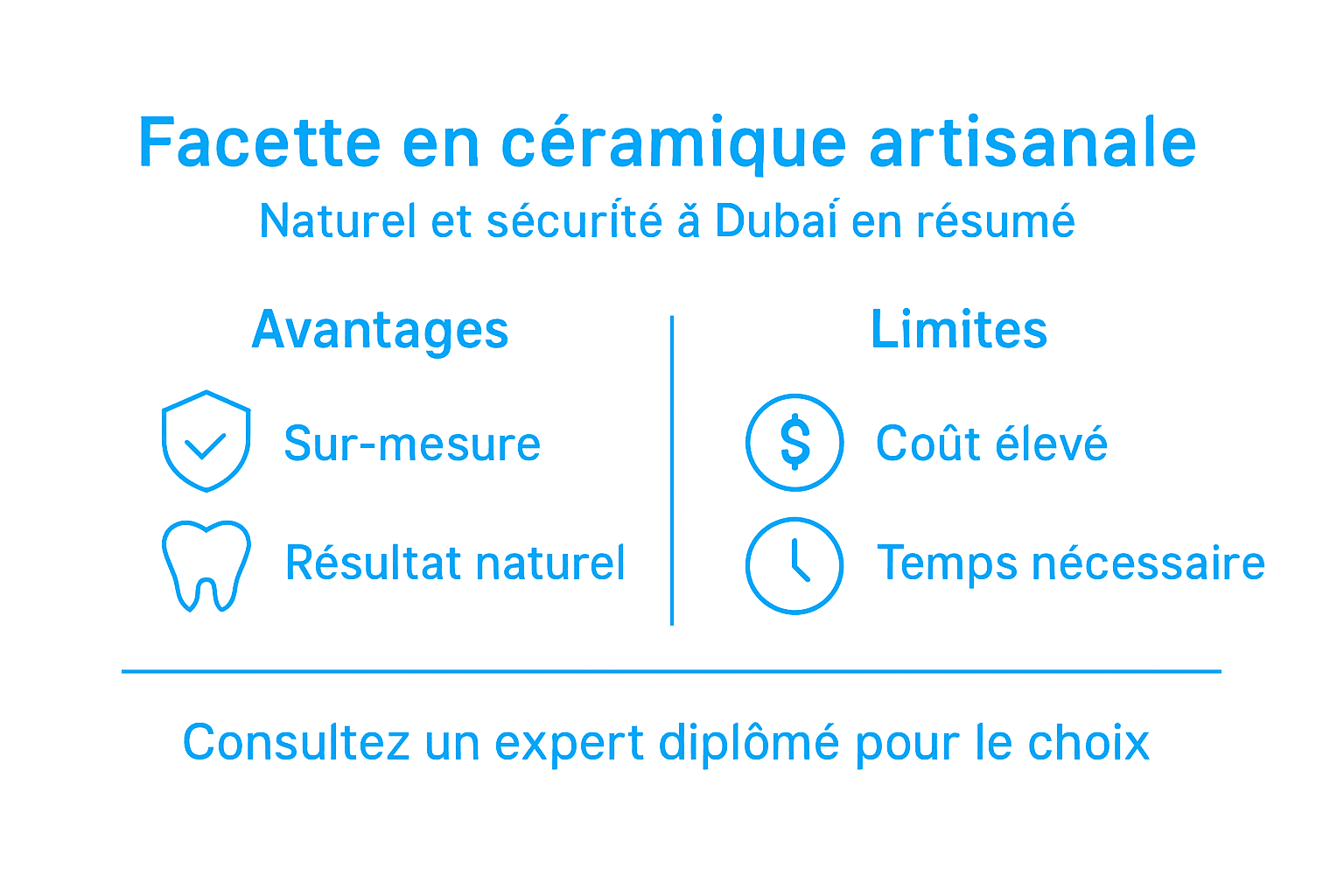 Découvrez notre infographie dédiée aux points forts et aux limites des facettes dentaires.