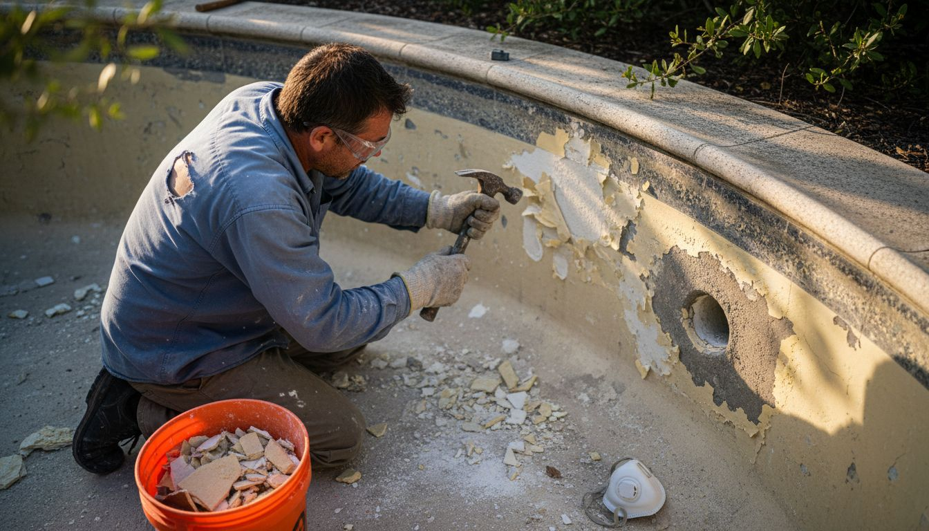Removing loose pool plaster step close-up