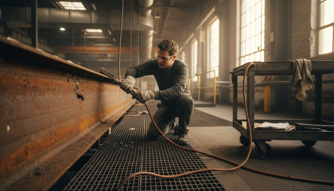 Technician cleaning steel beam before painting