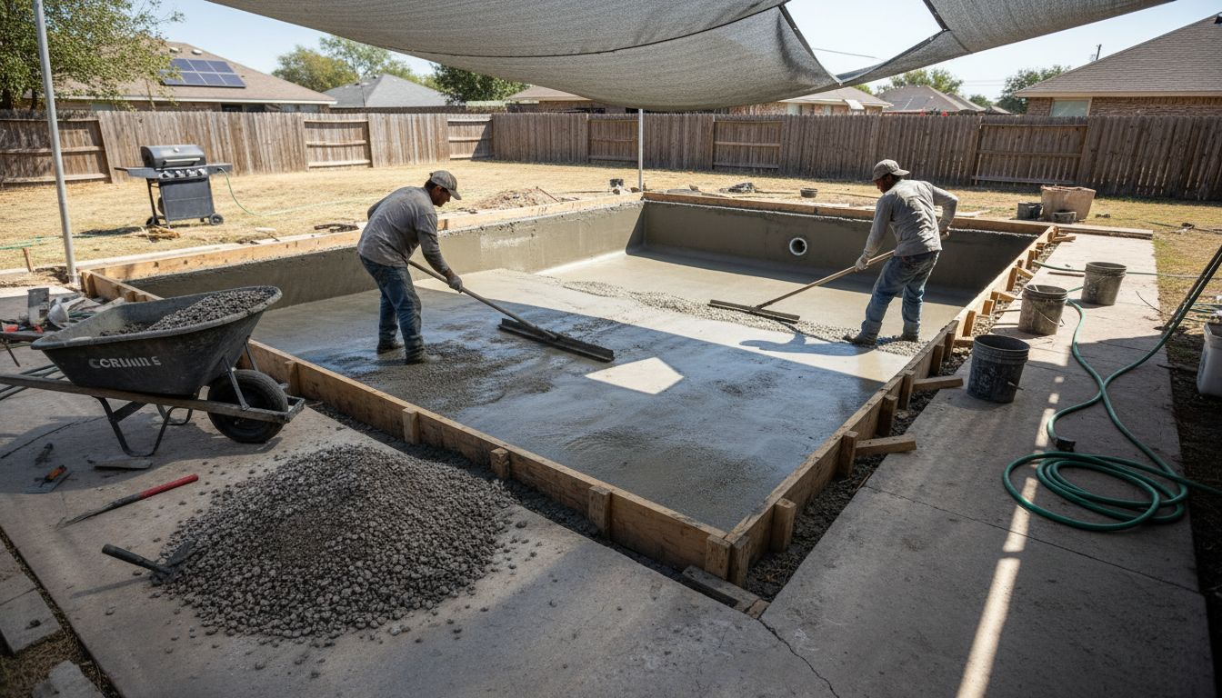 Workers building concrete pool in Texas yard