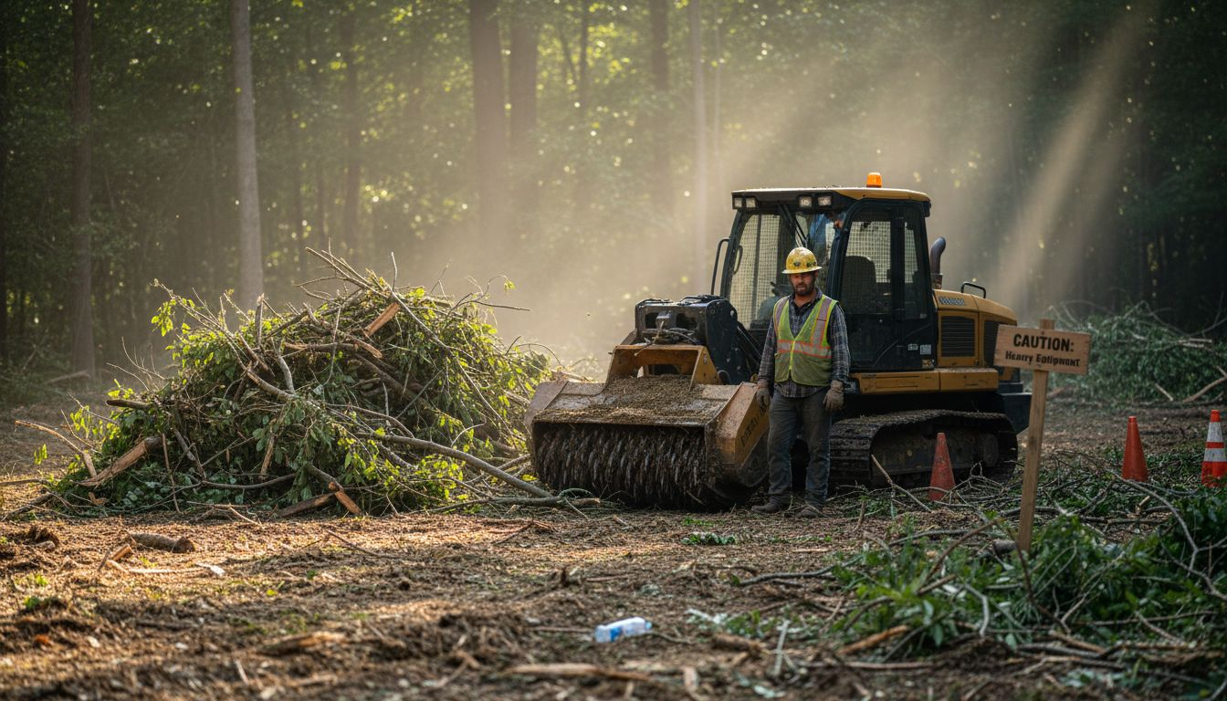 Forestry mulcher and operator clearing land debris