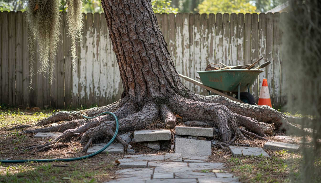 Leaning pine tree with root and trunk damage