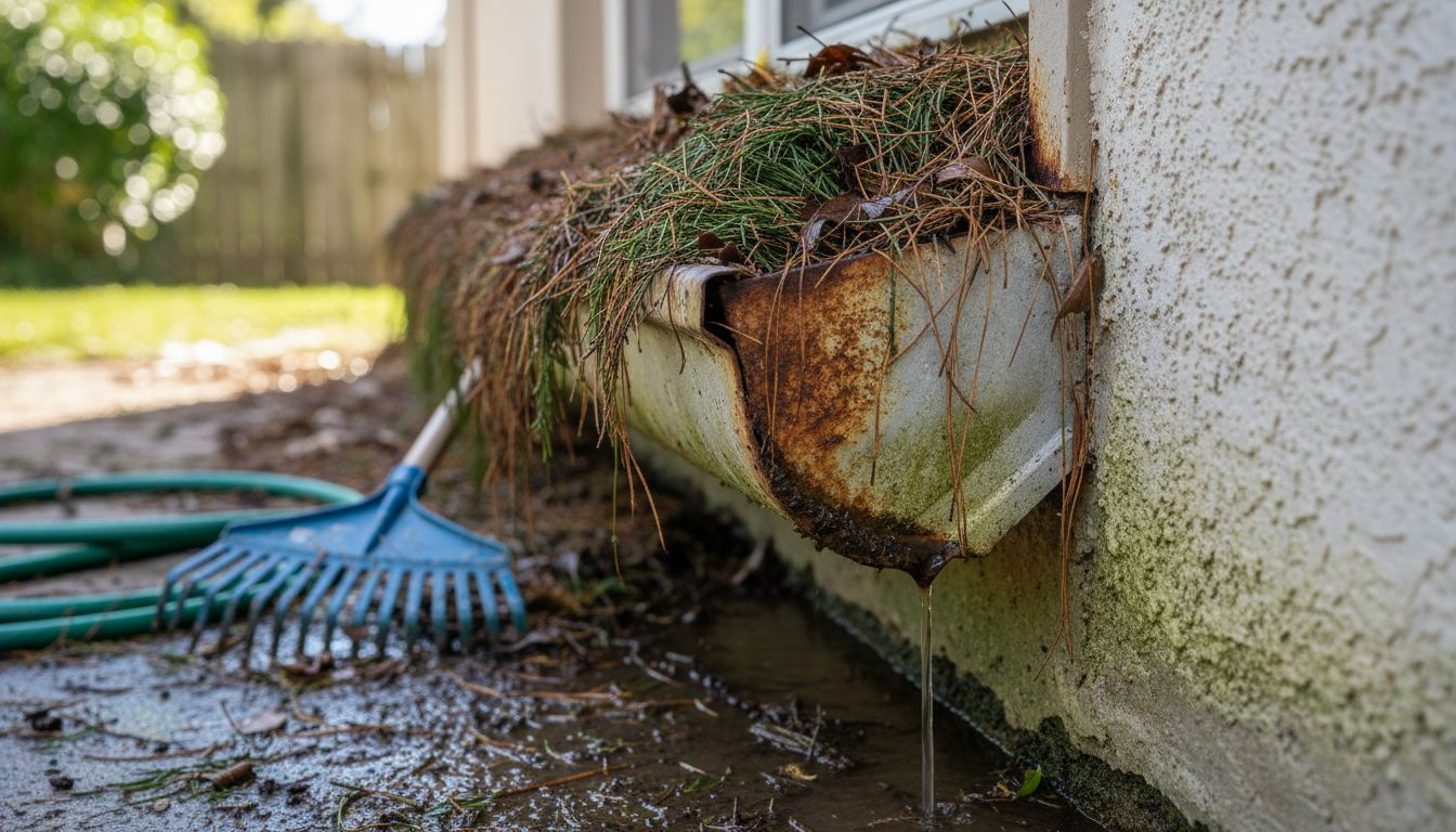 Overflowing gutter with leaves and debris