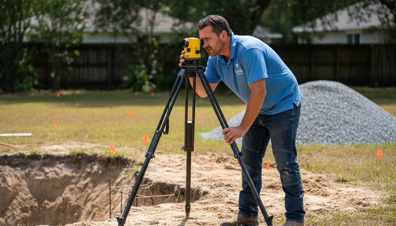 Pool builder operates survey level at dig site