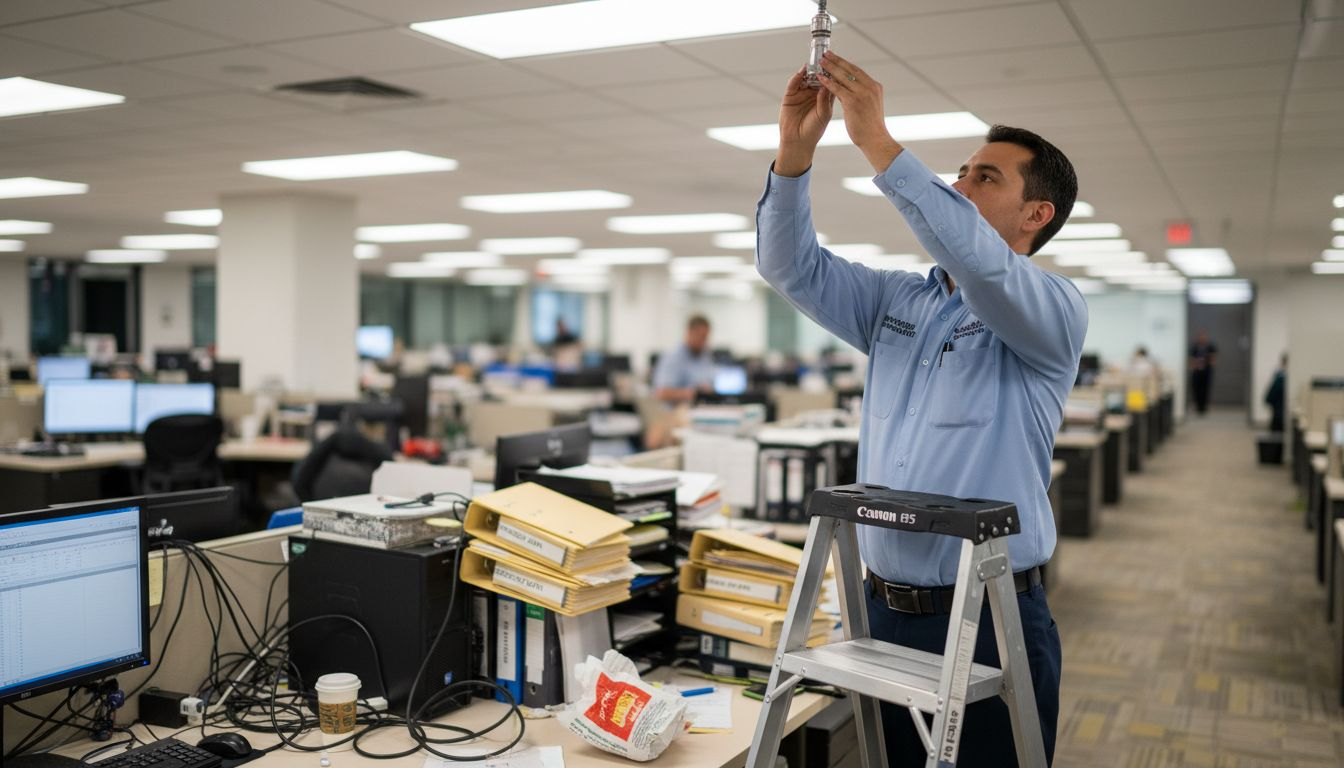 Worker inspects office sprinkler system