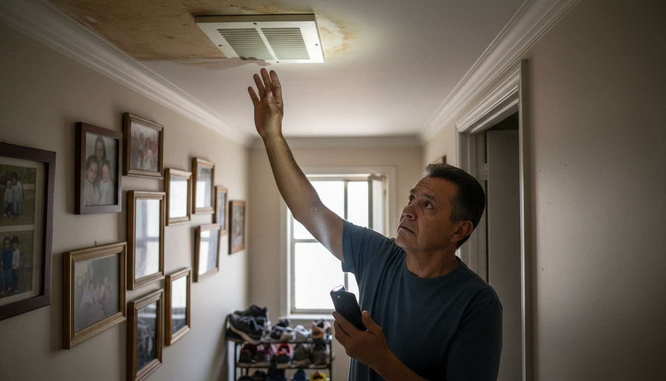 Homeowner examines water-damaged ceiling panel