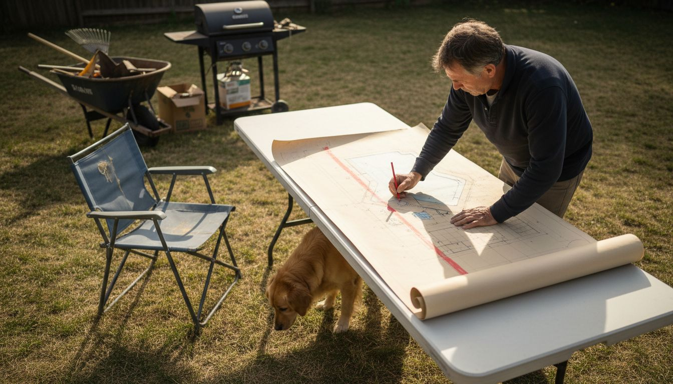 Designer drafts backyard pool layout zones