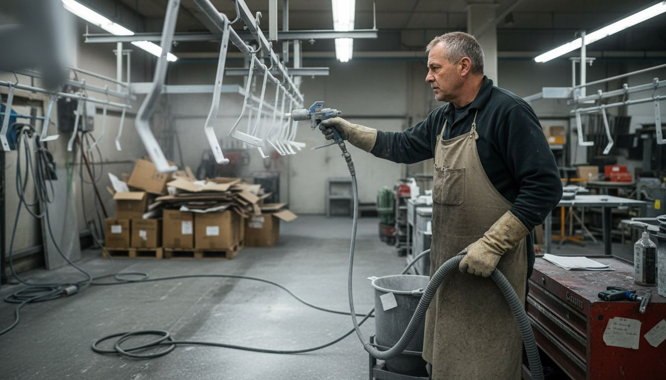 Worker applies powder coating in factory
