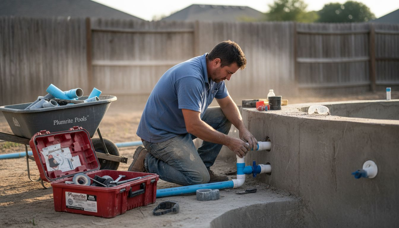 Technician connecting plumbing inside pool shell