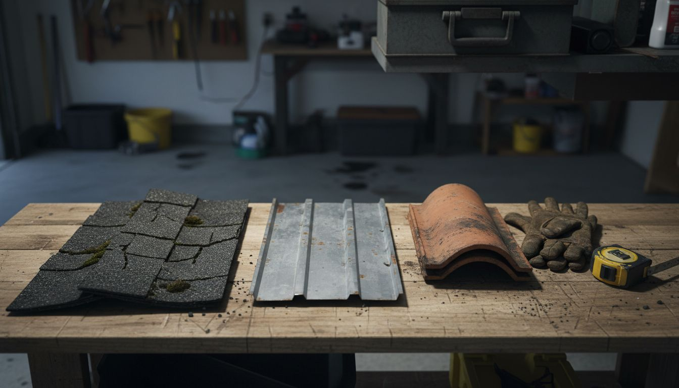 Three roofing material samples on workbench
