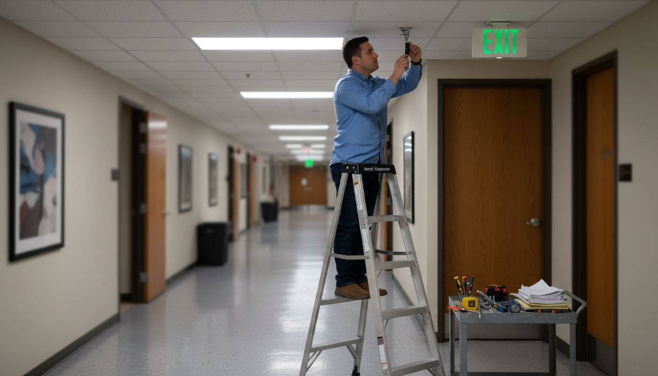 Manager inspecting wet pipe sprinkler system in office