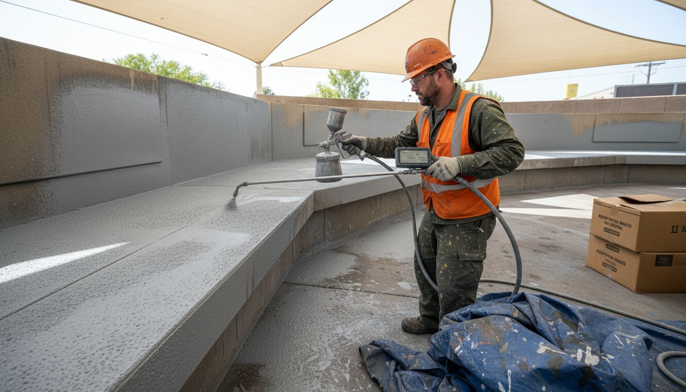 Specialist applying coating to concrete platform