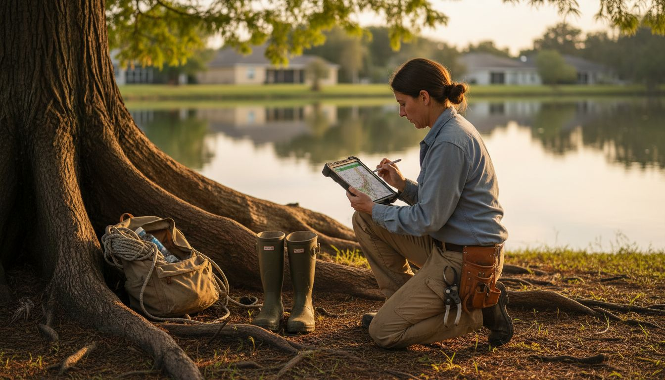Arborist checking cypress tree roots by pond