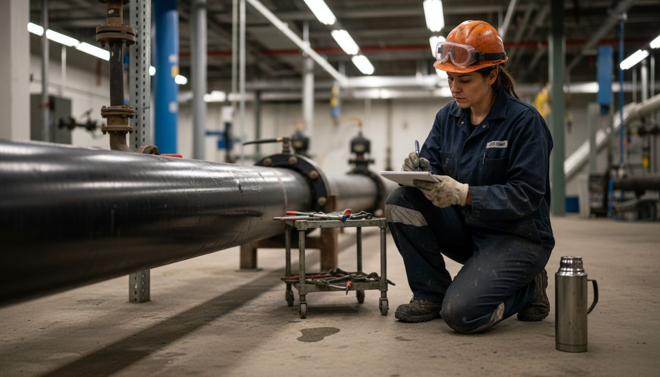 Technician inspecting coated water pipe