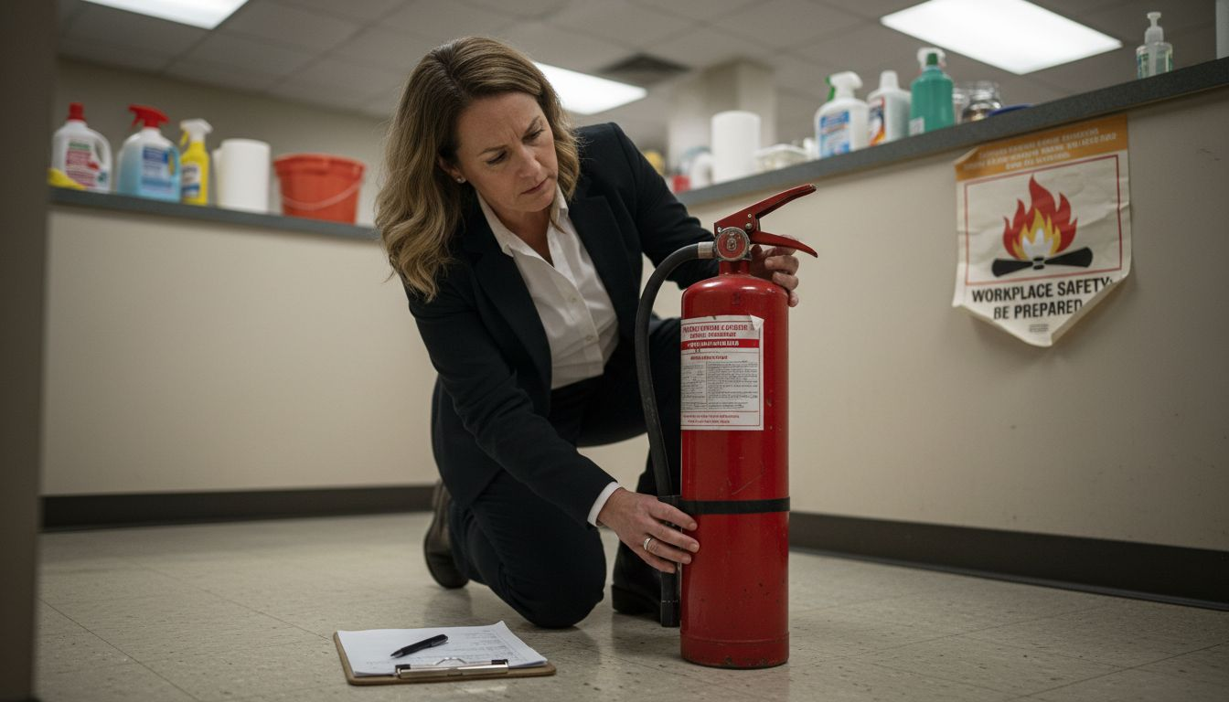Manager inspecting extinguisher gauge in breakroom