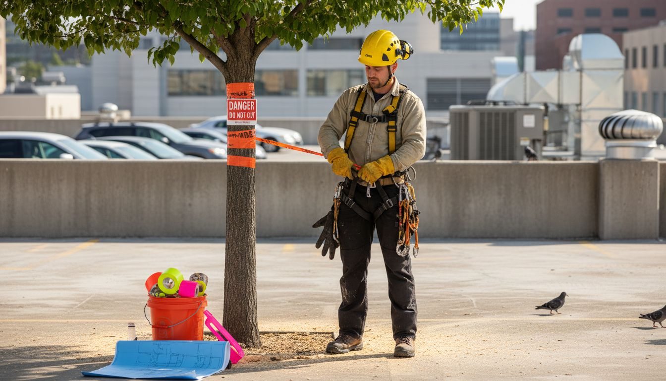 Commercial Tree Removal Explained: Ensuring Safety and Compliance 1 Arborist preparing safety gear before tree work