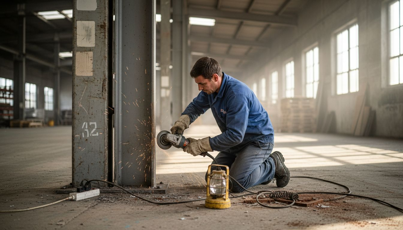 Technician preparing steel surface for painting