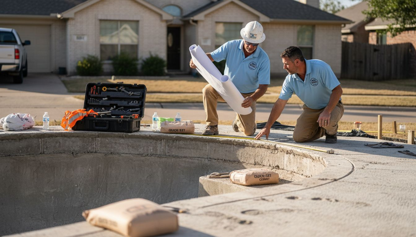 Luxury pool builders reviewing pool construction plans