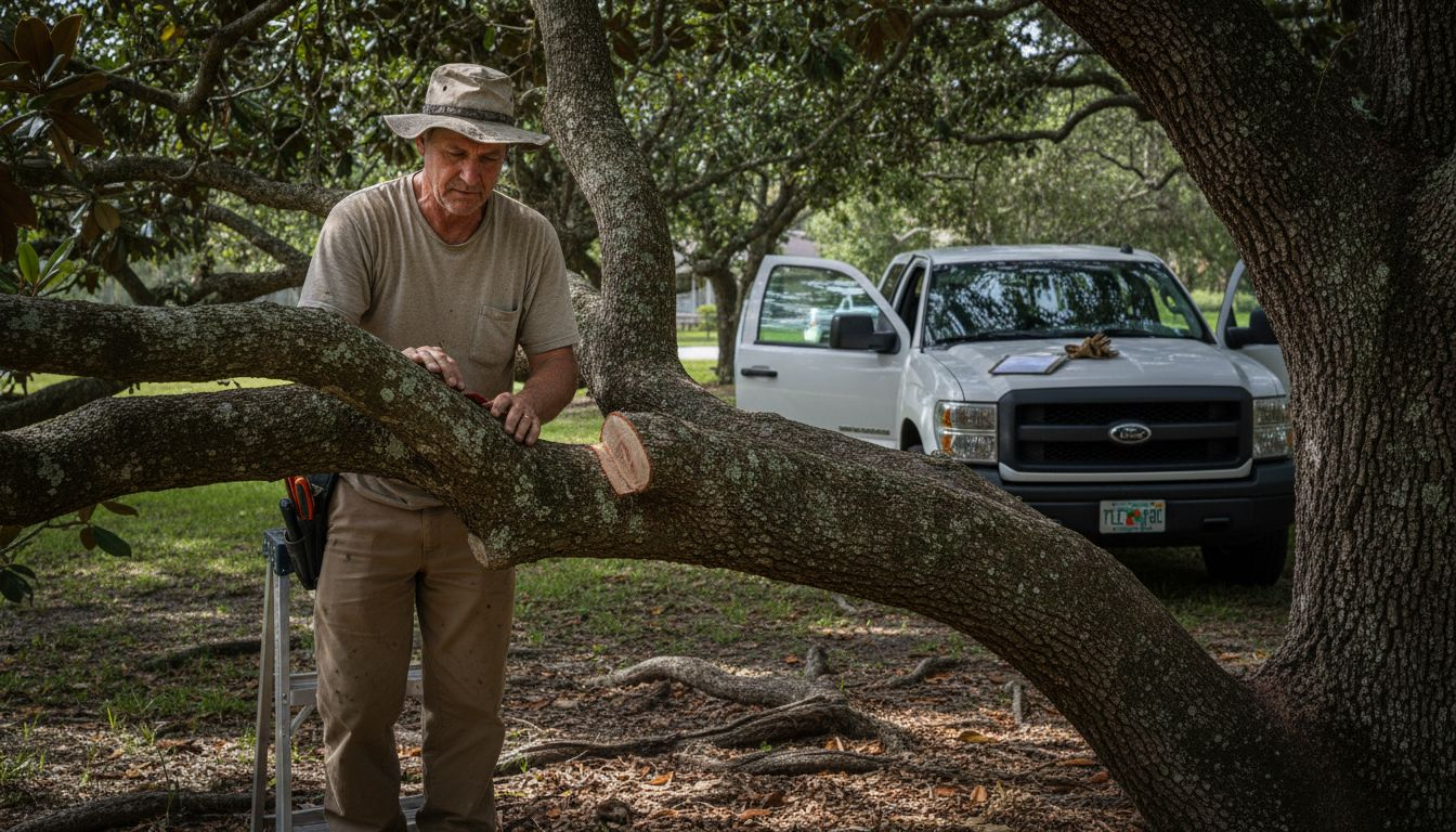 Arborist inspecting freshly pruned tree