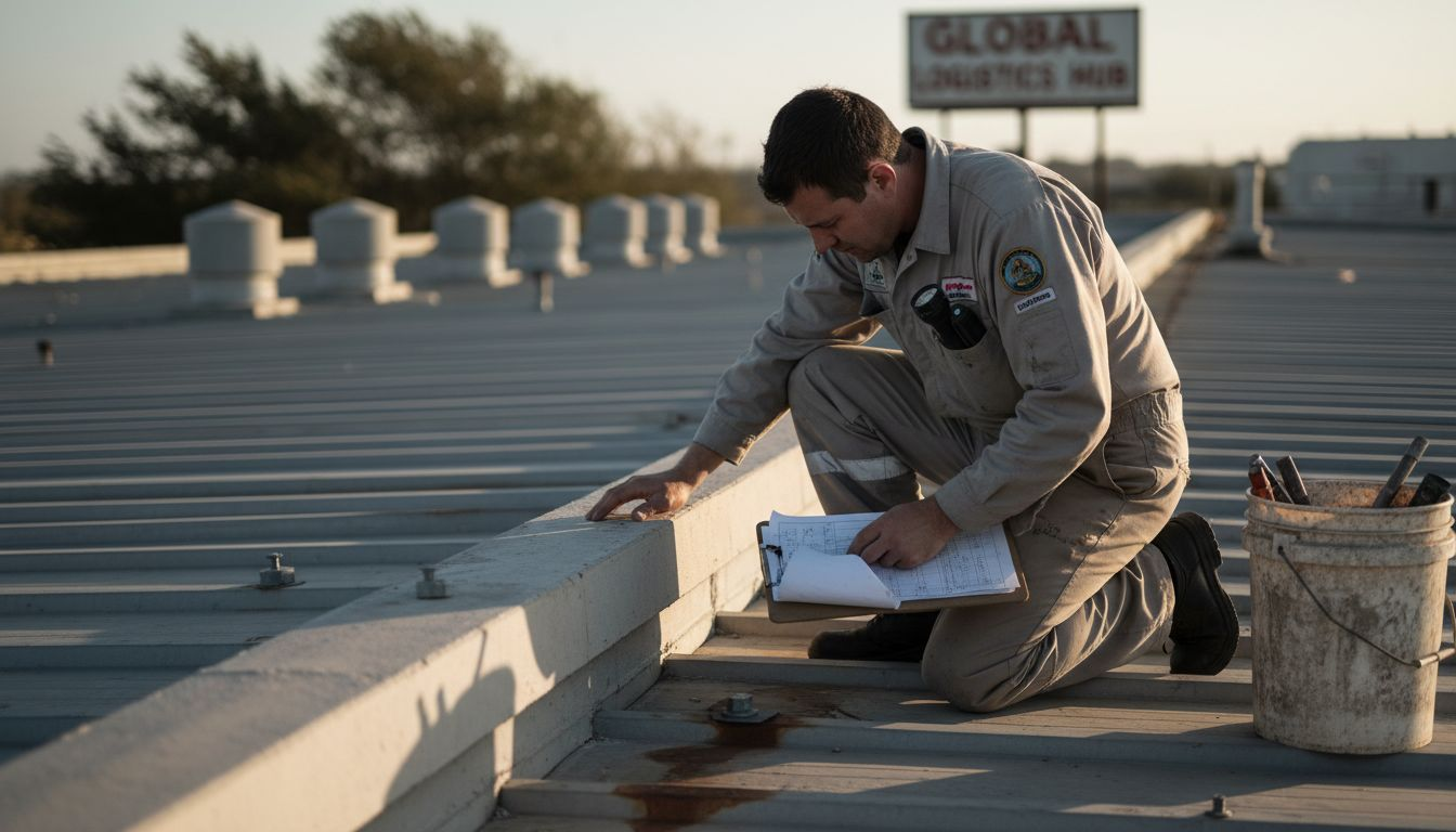 Technician inspecting metal commercial roof panels