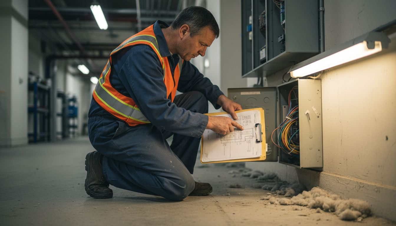 Technician examining conventional alarm system wiring