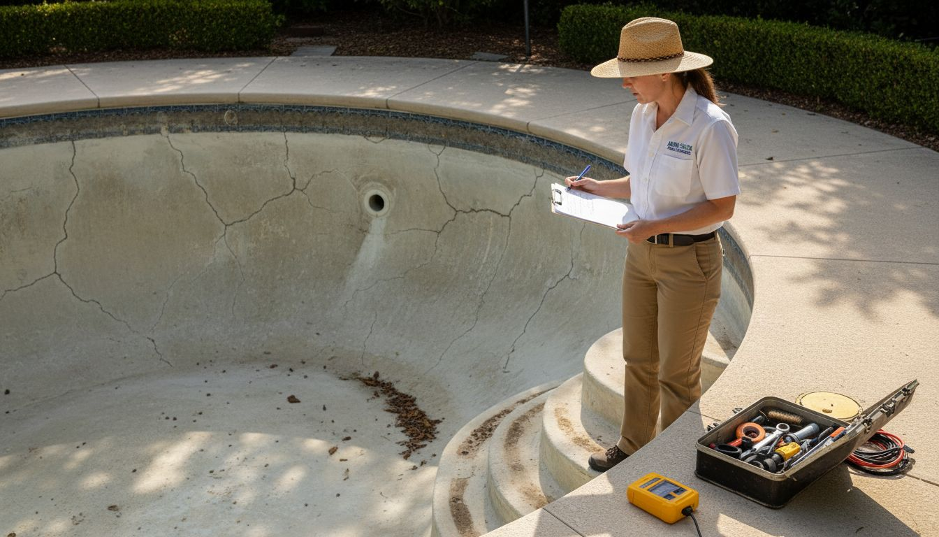 Technician inspecting pool with equipment and checklist