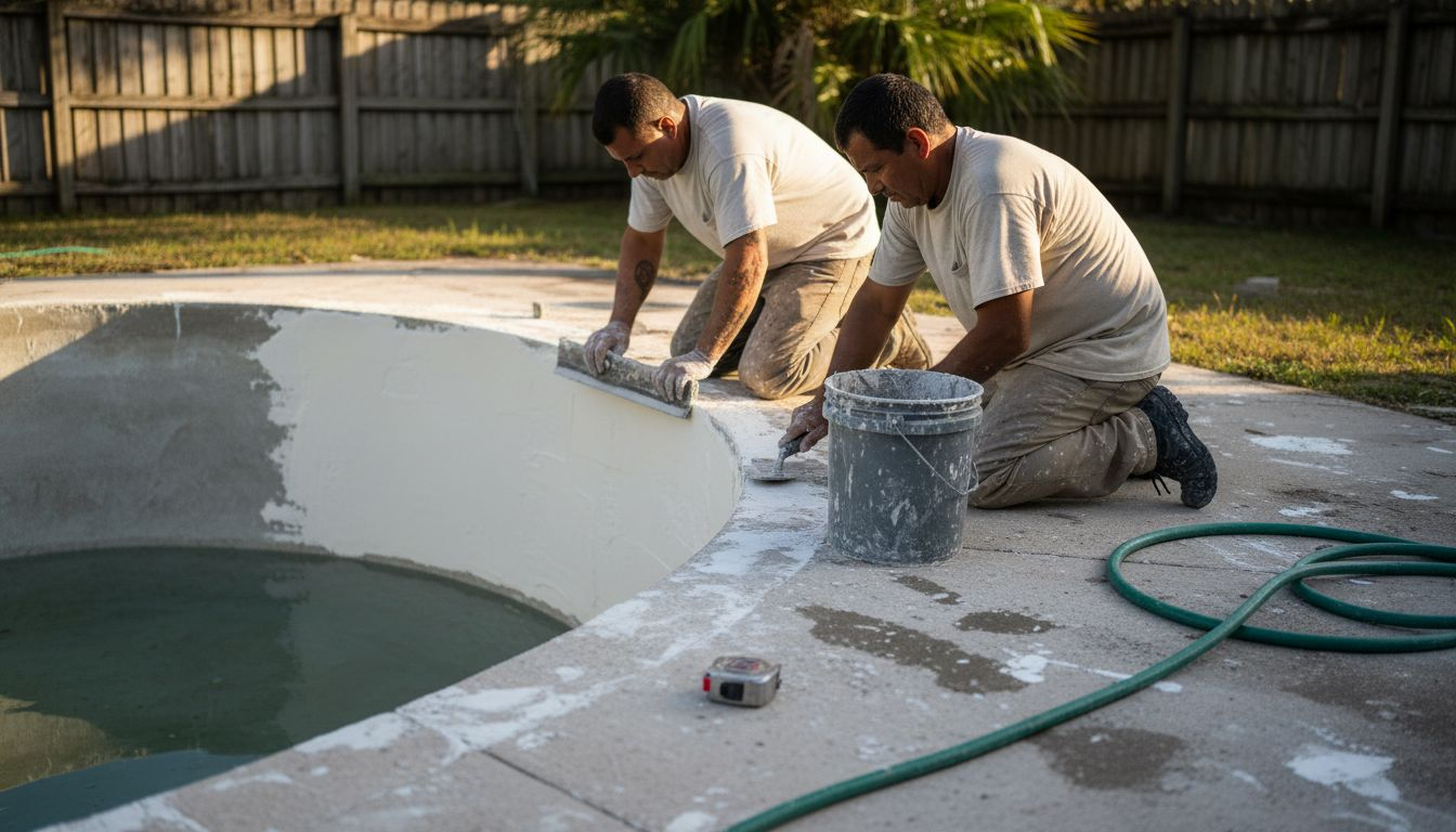 Workers applying marcite to pool surface