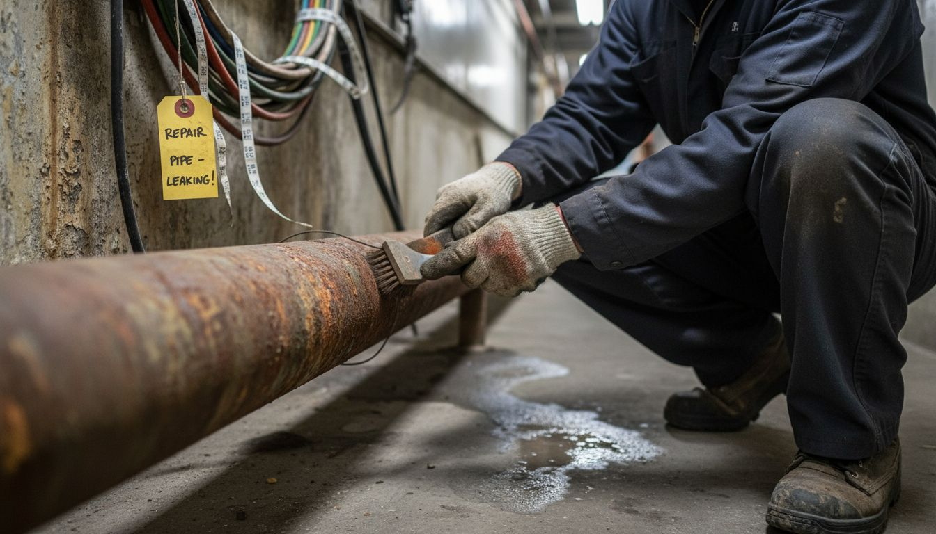 Technician cleaning corroded water pipe surface