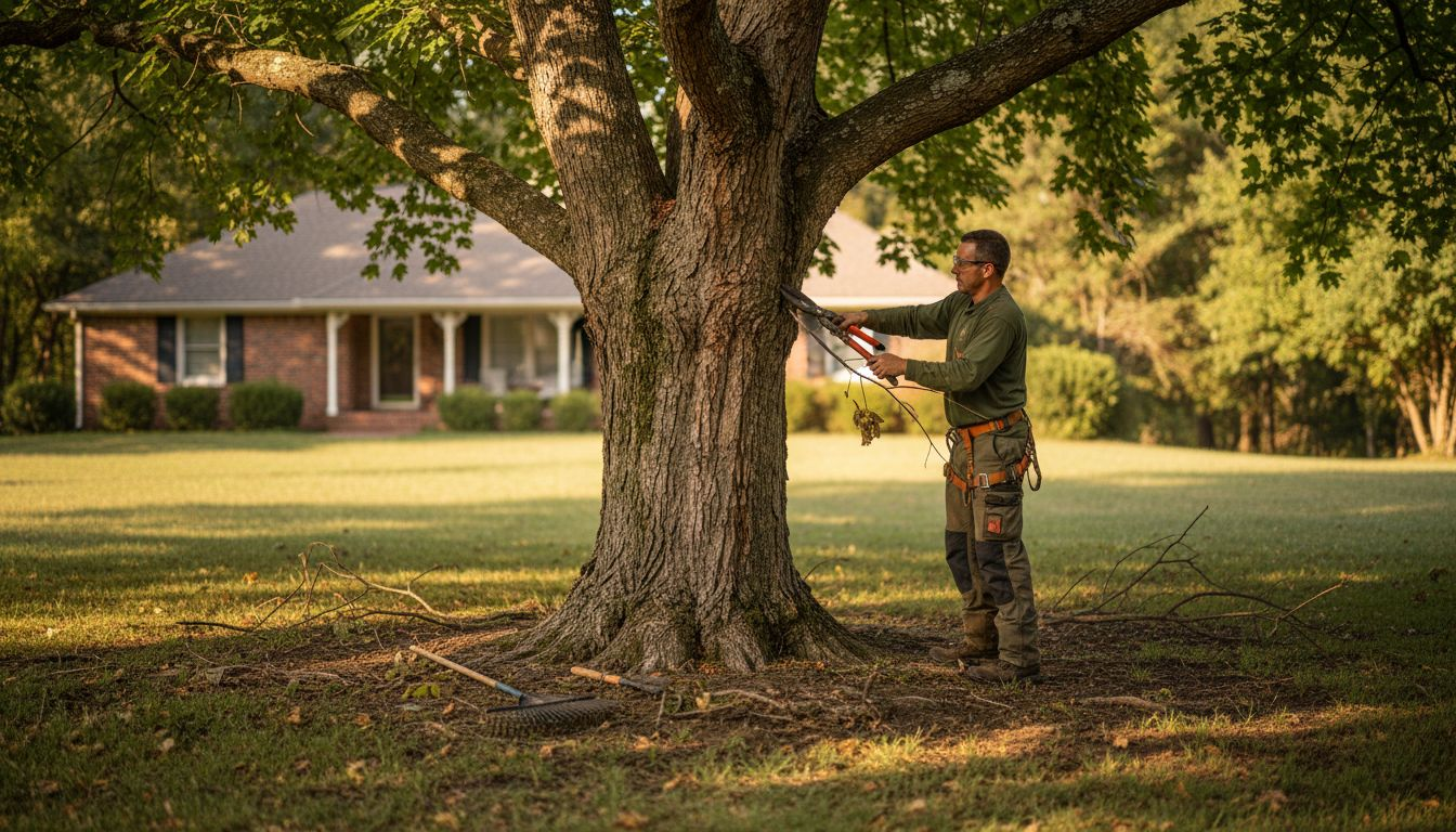 Arborist carefully removing dead tree branches