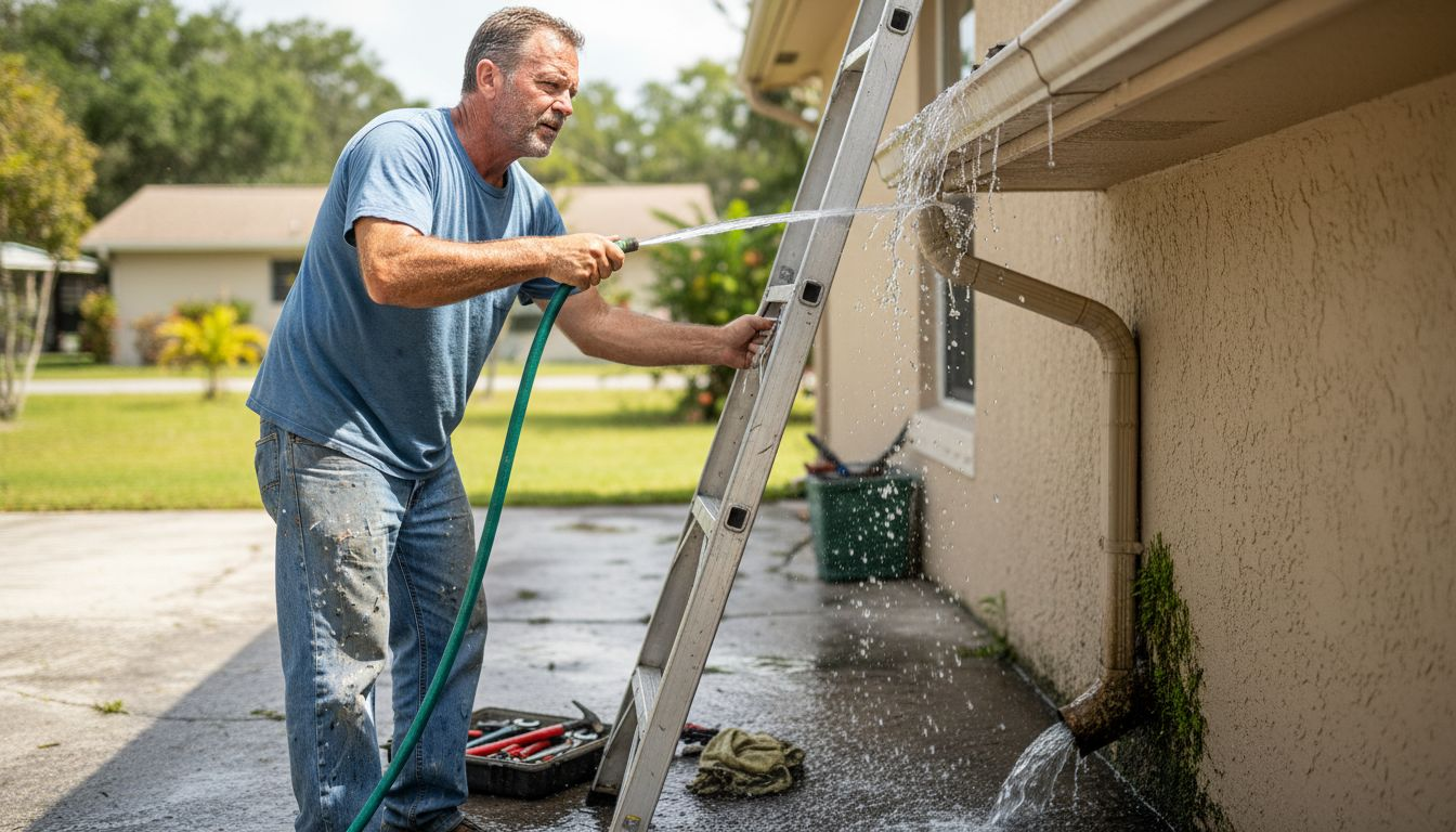 Man flushing water through home gutters