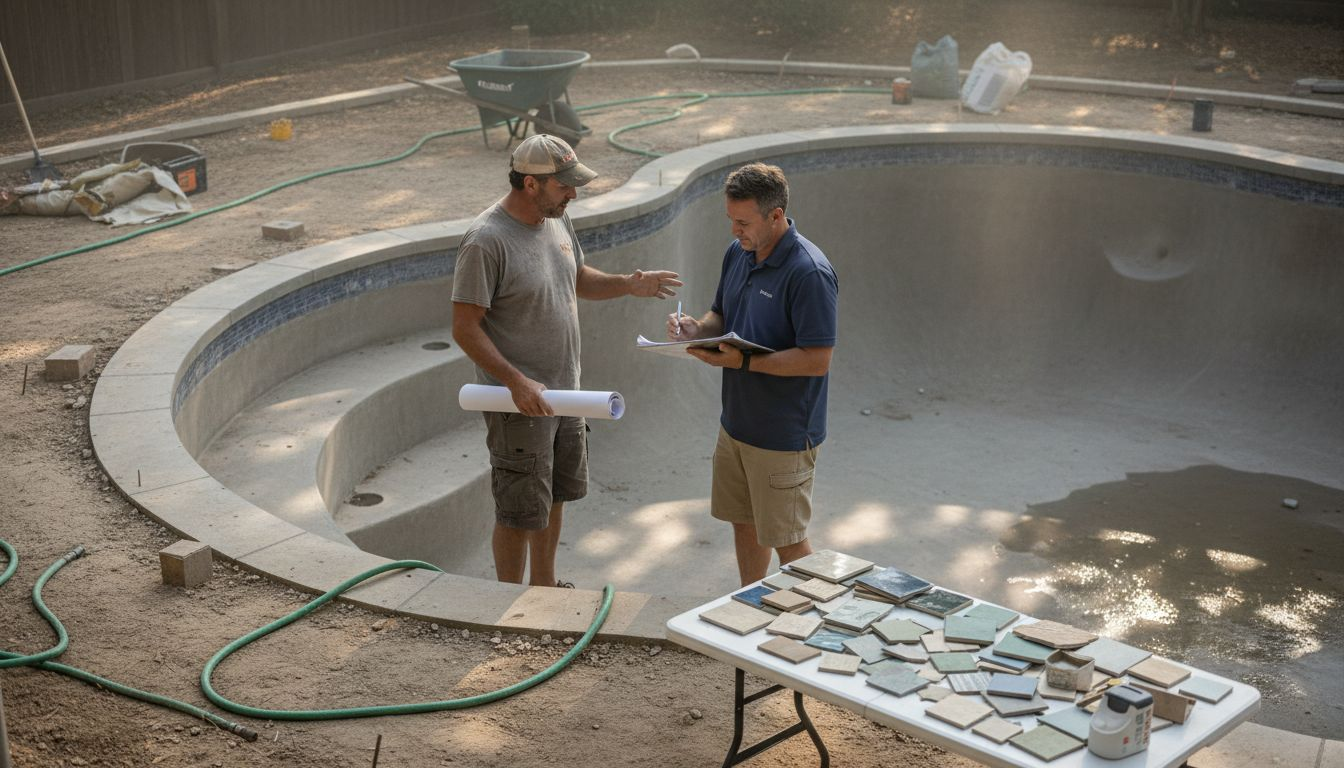 Homeowner and designer discussing pool features